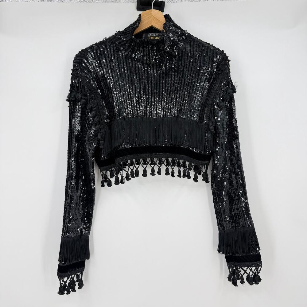 Vintage 1980s Jean Paul Gaultier Pour Equator Sequin Wool Fringe Tassel Top S